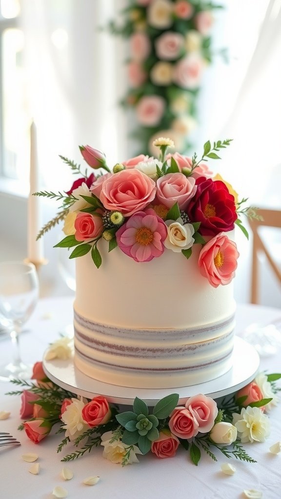 A floral wedding cake decorated with colorful edible flowers