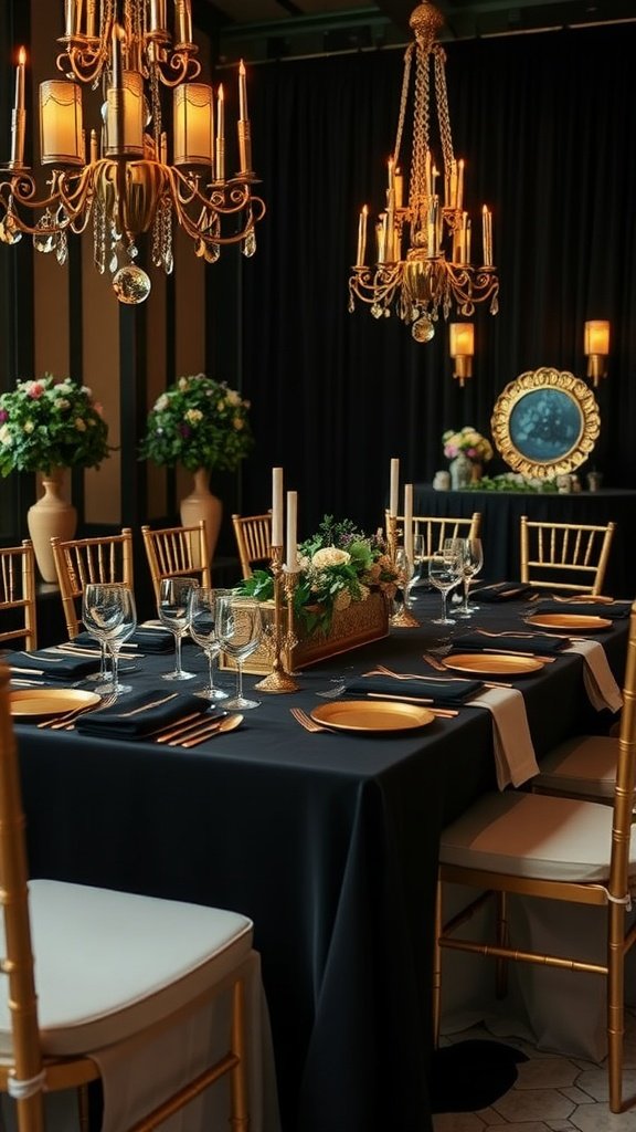 Elegant wedding tablescape with black and gold theme, featuring chandeliers and floral arrangements.