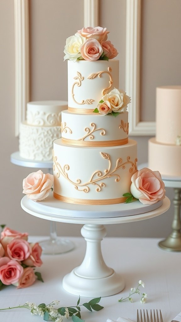 Three-tier wedding cake with floral decorations on a simple white stand