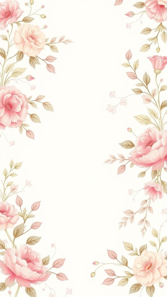 Floral wallpaper with soft pink roses and green leaves on a light background