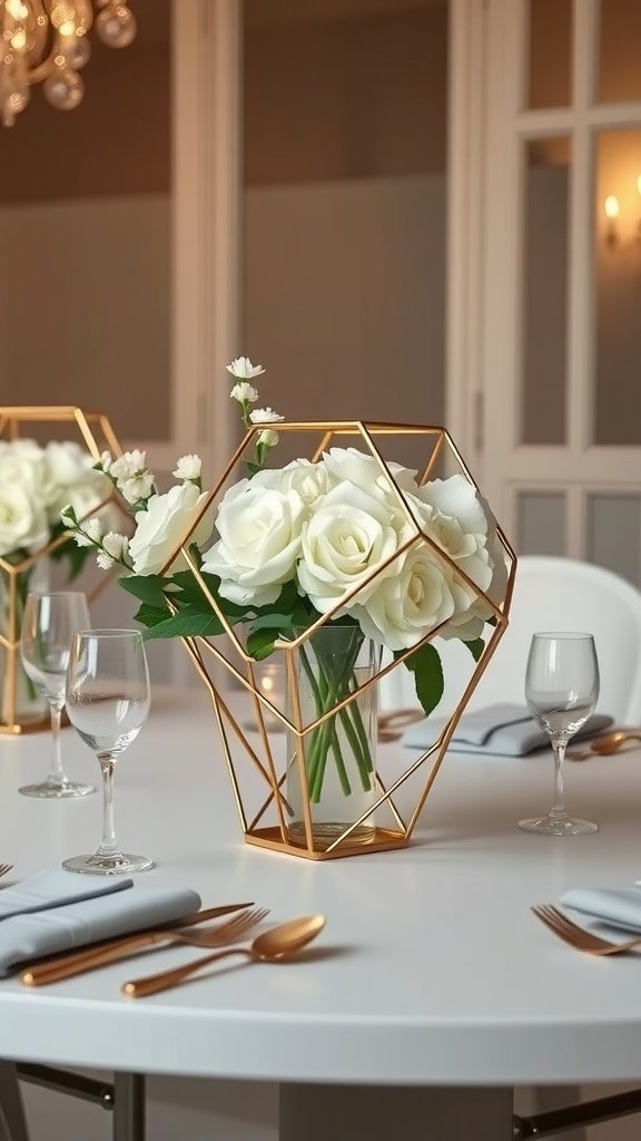 A geometric gold centerpiece with white roses on a wedding table.