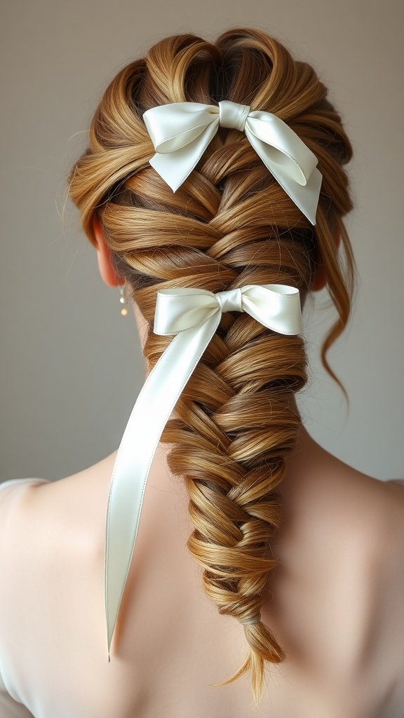 A detailed view of a half-up braid hairstyle adorned with satin ribbons.