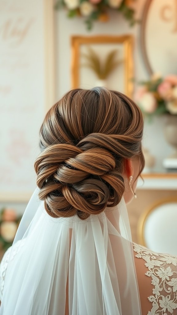 Close-up of a bride's elegant low bun hairstyle with a veil