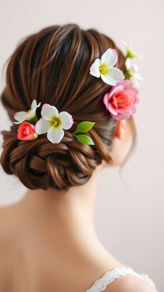 A bride with a low chignon hairstyle, adorned with pink roses and white orchids, viewed from the back.