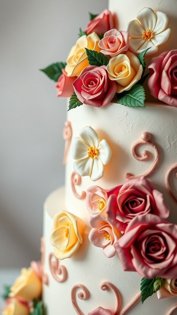 Three-tiered wedding cake decorated with sugar flowers in shades of pink and yellow, featuring intricate designs and green leaves.