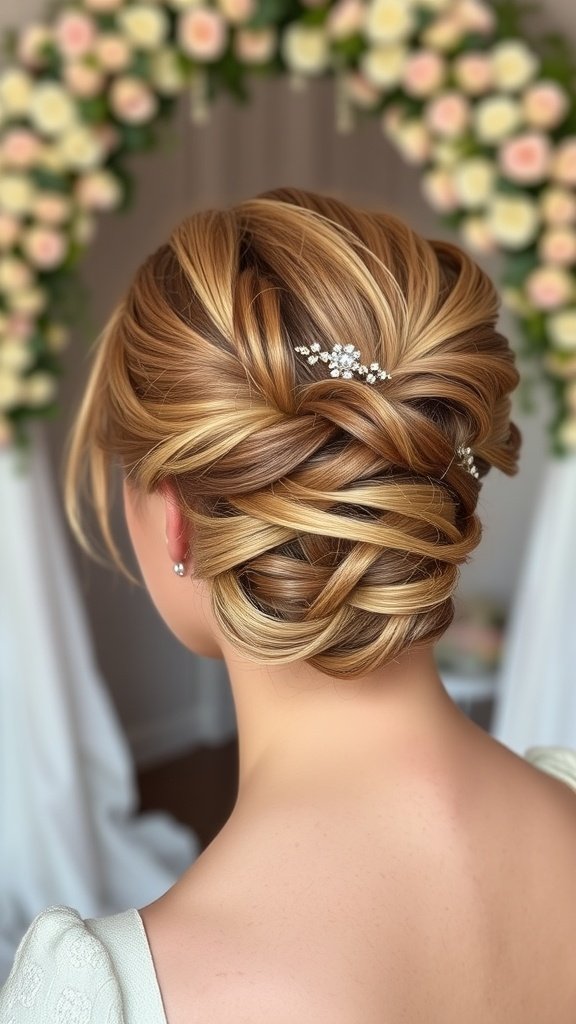 An elegant updo for short hair featuring intricate braids and sparkling hair accessories, set against a floral backdrop.