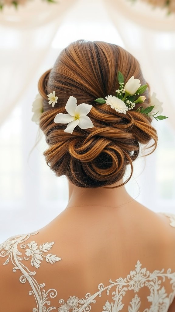 A bride with a beautiful updo hairstyle adorned with white flowers, showcasing elegance and romance.