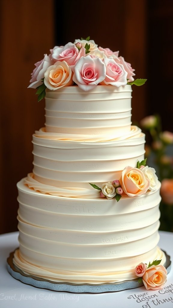 A three-tiered wedding cake with vanilla buttercream frosting and adorned with pastel roses.