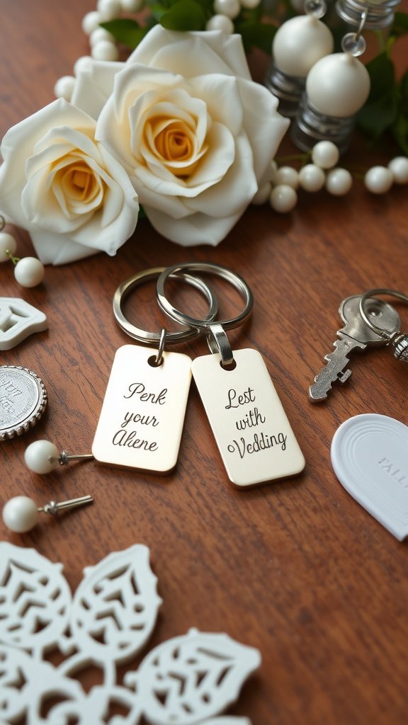 Engraved keychains next to white roses and other wedding decorations