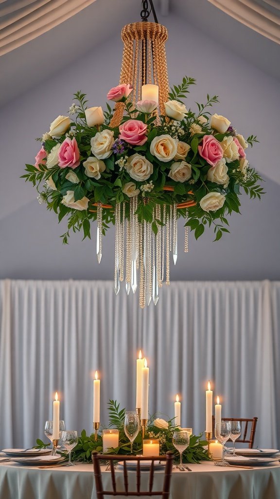 A floral chandelier made of pink and cream roses, surrounded by green foliage, hanging above a table set with candles and glassware.