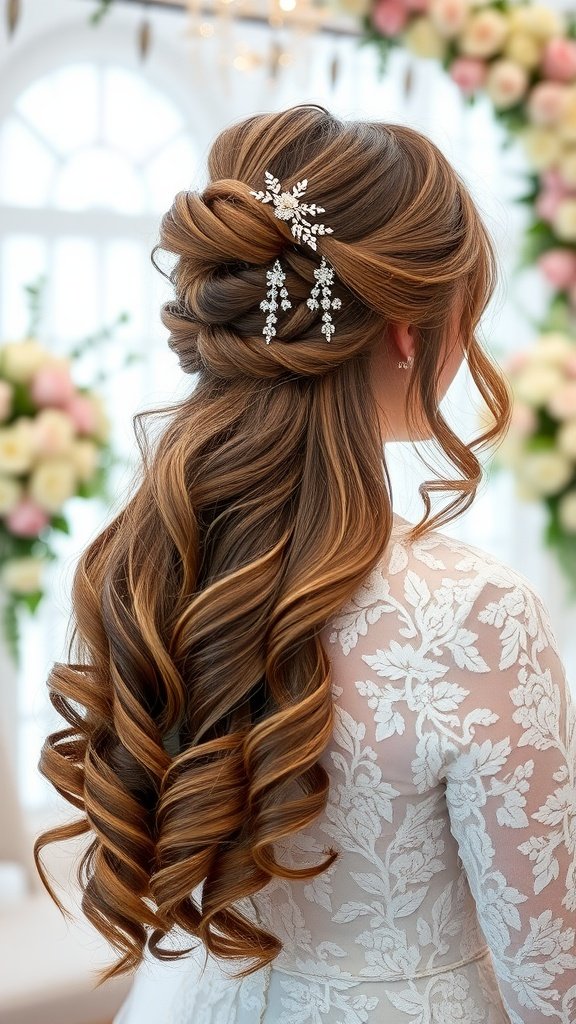 A bride's elegant half-up hairstyle featuring cascading curls and delicate hair accessories.