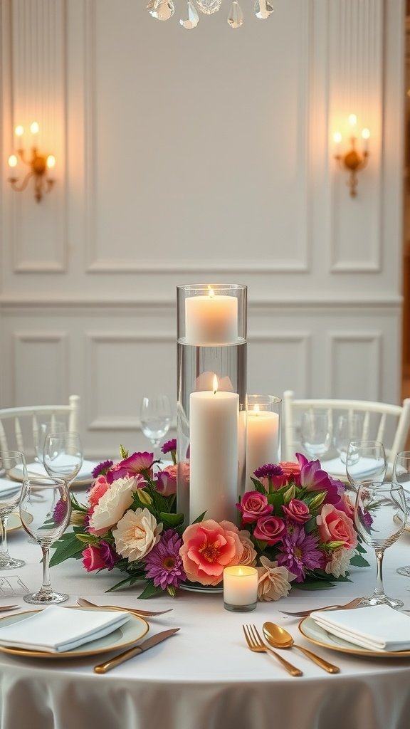 A beautifully arranged wedding table with floating candles and colorful floral centerpiece.