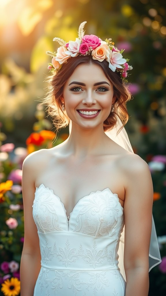 A bride wearing a floral crown with pink and white flowers, smiling brightly in a garden setting