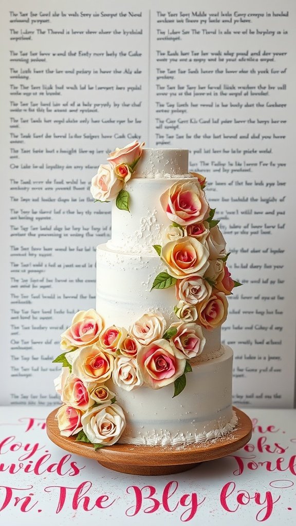 A three-tiered wedding cake decorated with pink and cream roses, set on a wooden stand.