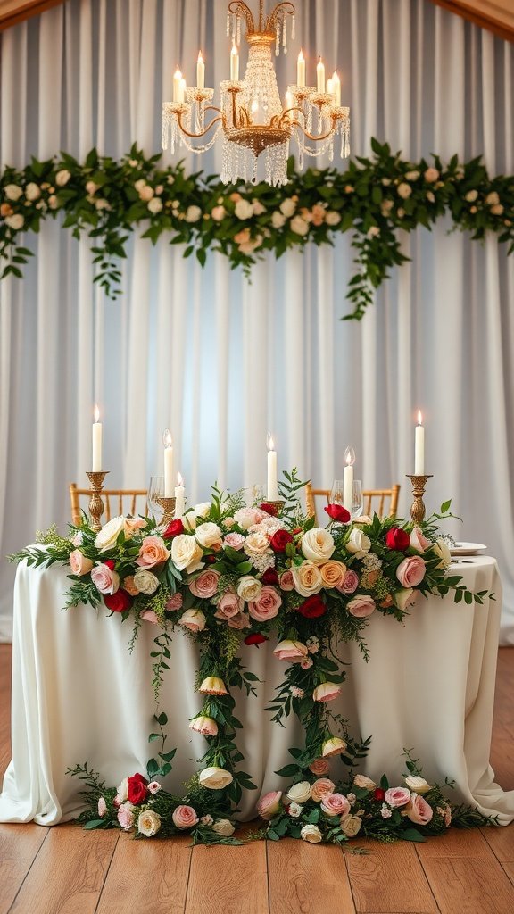 A beautifully decorated wedding table with a floral garland runner, roses, candles, and a chandelier overhead.