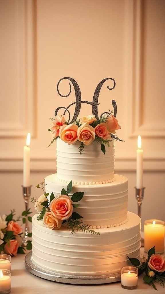 A three-tiered wedding cake with a floral monogram topper, decorated with peach roses and surrounded by candles.