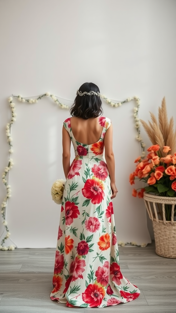 A beautiful floral print wedding dress laid on the beach, with a bouquet of flowers beside it.