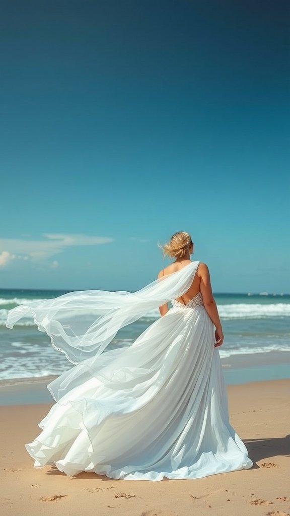 A bride in a flowy white dress on a beach, with her gown flowing in the wind.