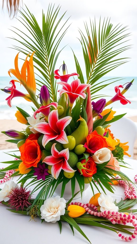 A vibrant beach wedding centerpiece featuring colorful flowers and fresh fruit.