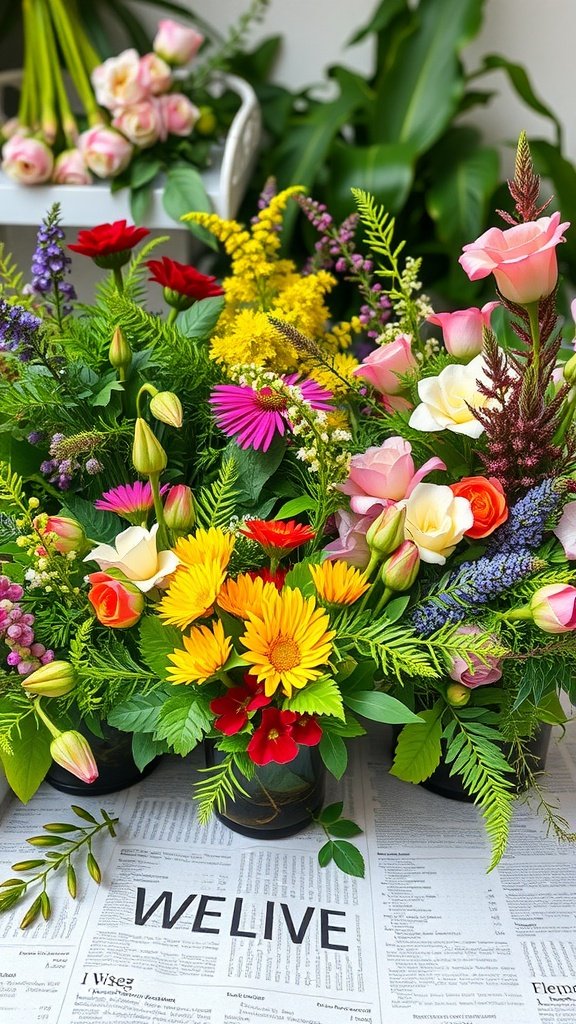 Vibrant garden-inspired wedding table flowers in various colors