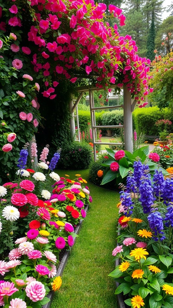 A colorful garden path lined with vibrant flowers, including pink, purple, and yellow blooms, under a canopy of greenery.