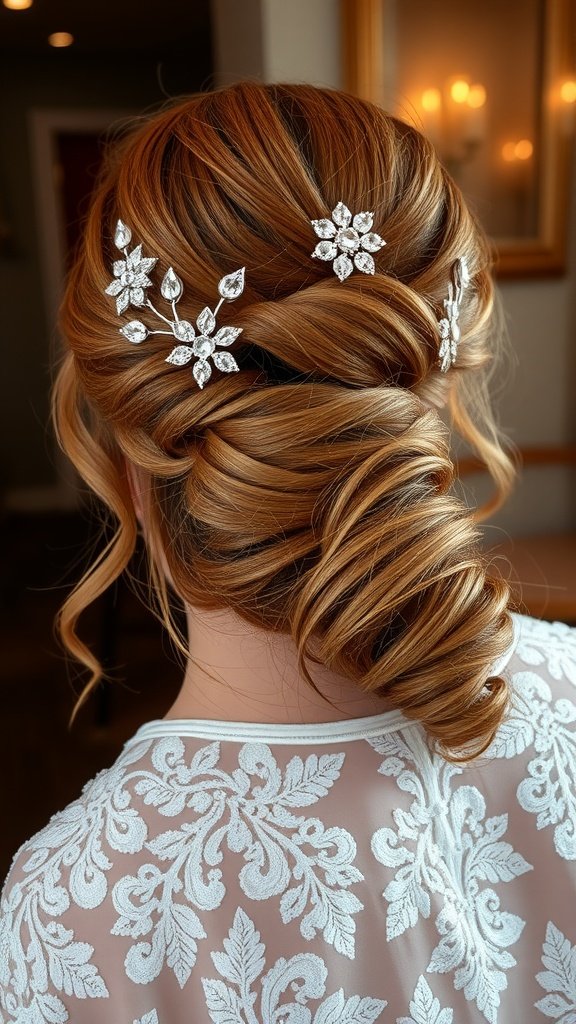 A glamorous half-up wedding hairstyle featuring sparkling clips and soft waves.