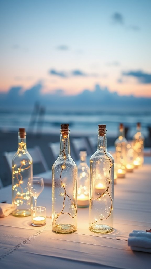 Glass bottles with twinkling lights on a beach wedding table