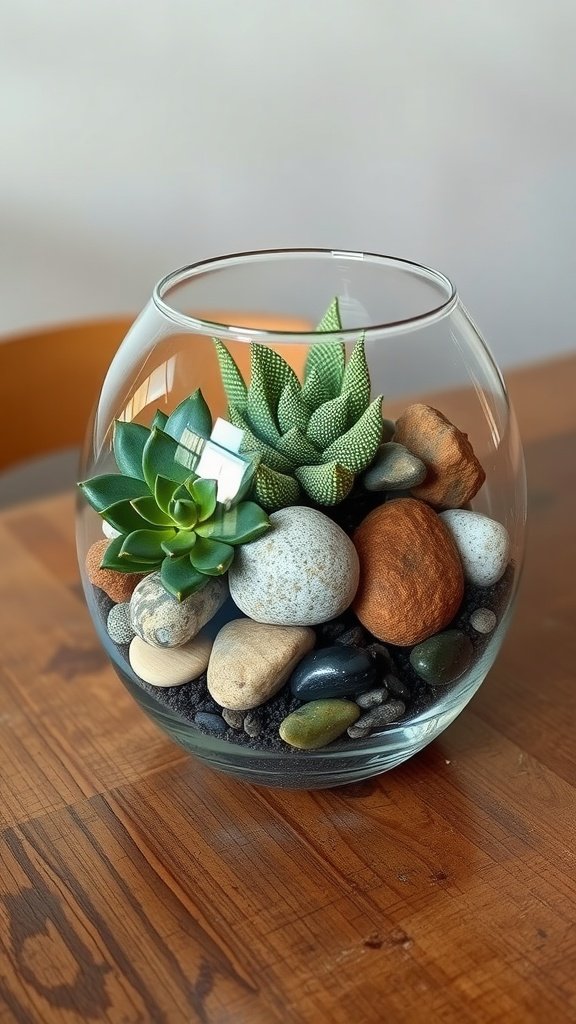 A glass terrarium filled with succulents and decorative stones on a wooden table.