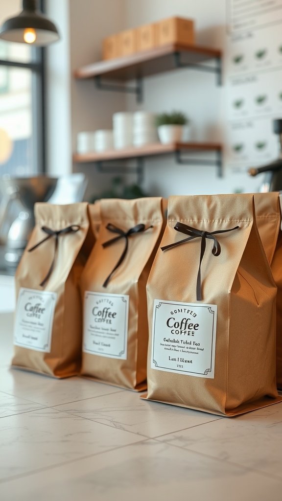 Gourmet coffee bags neatly arranged on a counter, featuring simple labels and tied with ribbons.