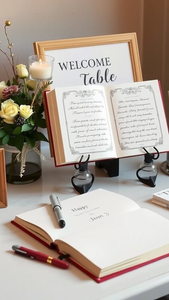 A wedding welcome table with a guest book, flowers, and a candle.