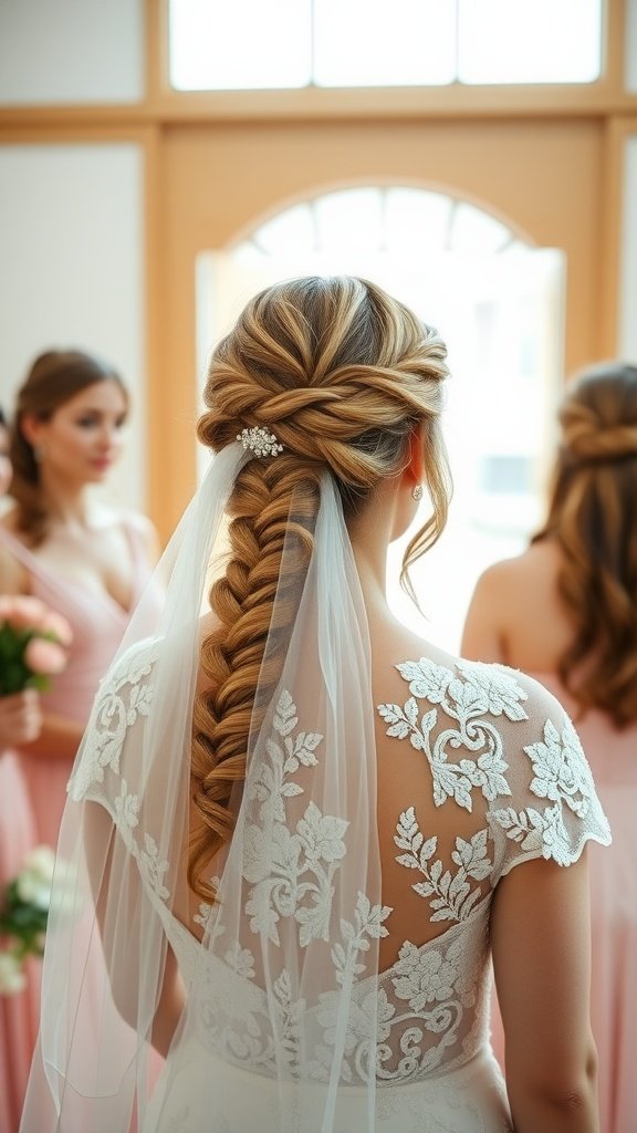 Bride with half-up half-down braided hair, adorned with a veil, standing with bridesmaids