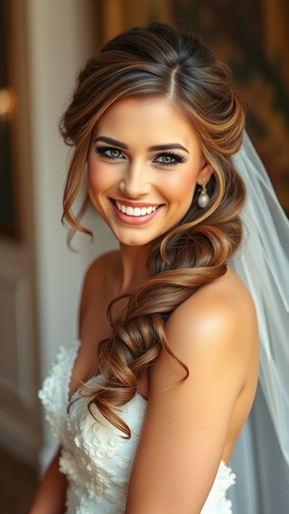 A smiling bride with a half-up twist hairstyle and loose curls, wearing a white wedding dress.