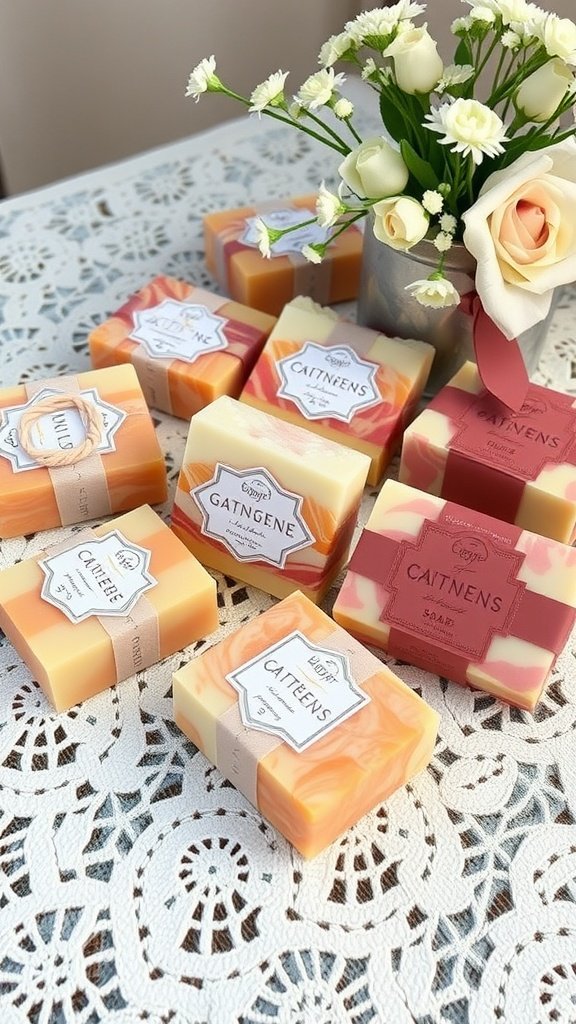 Colorful handcrafted soap bars with custom labels arranged on a lace tablecloth next to a vase of flowers.