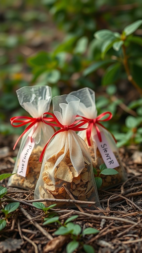 Three handmade potpourri bags with colorful tags, tied with red ribbons, placed on natural ground.