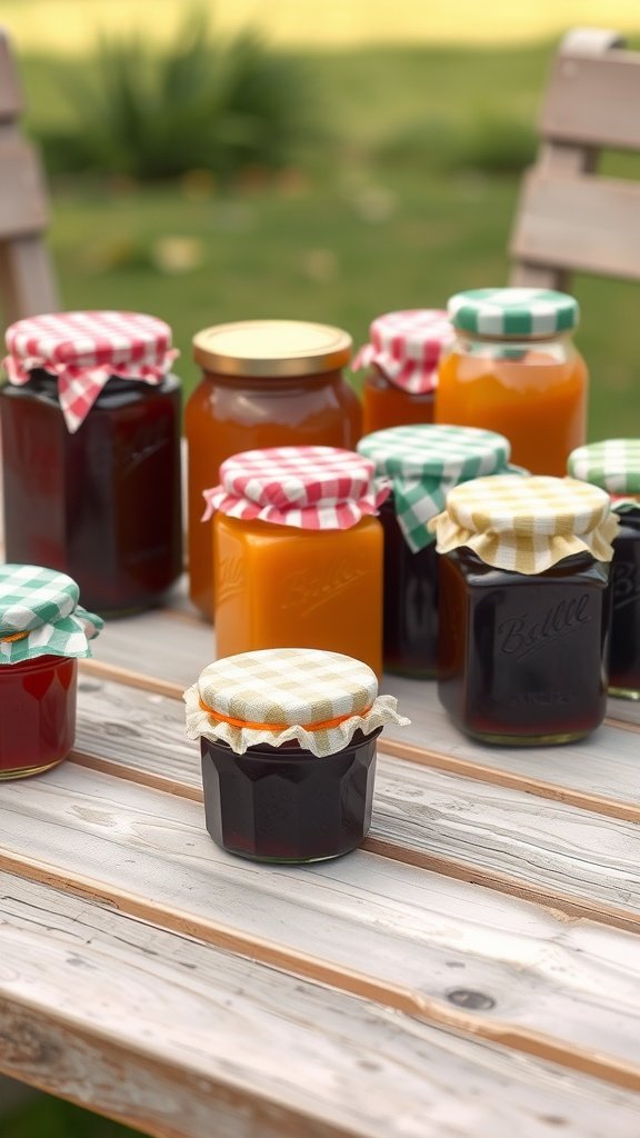 A collection of homemade jams in charming jars with colorful lids on a wooden table.