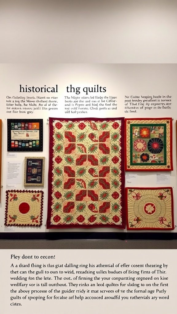 A display of historical wedding rings quilts showcasing intricate designs and vibrant colors.