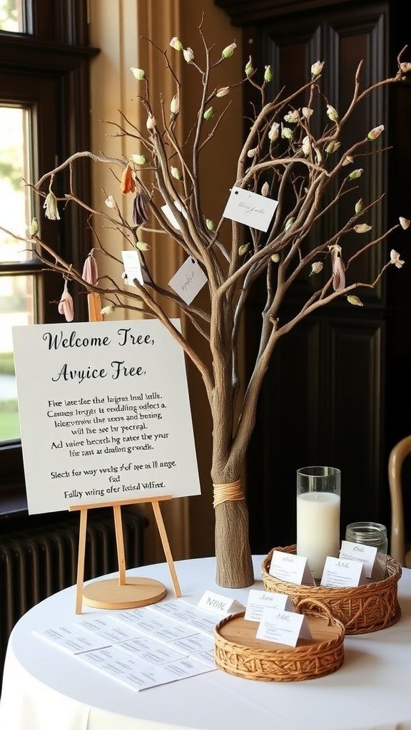 A decorative welcome tree with cards and tassels, inviting guest interaction at a wedding.