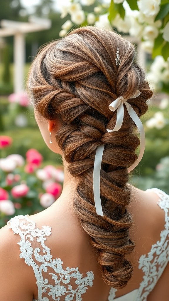 A beautiful braided updo hairstyle with ribbons, featuring intricate braids and floral surroundings, showcasing elegance for a bride.