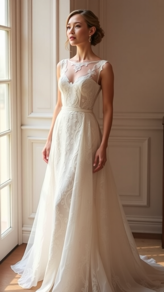 Lace A-Line gown hanging by the beach with ocean in the background