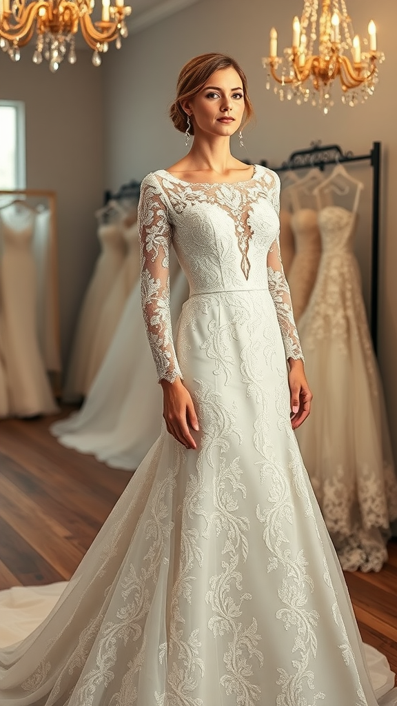 A wedding dress with intricate lace long sleeves and elegant embroidery, displayed in a bridal boutique.