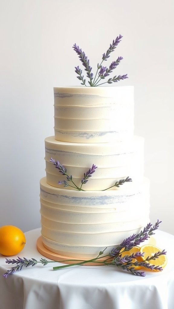 Three-tiered lemon lavender wedding cake with lavender flowers and citrus fruits.