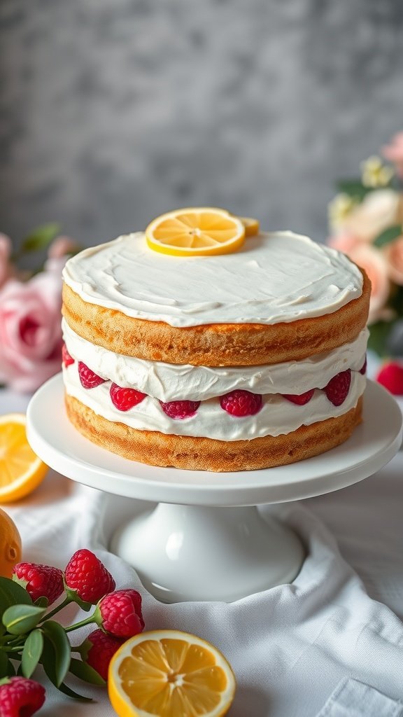 A lemon zest wedding cake with raspberry filling, decorated with fresh raspberries and a lemon slice.