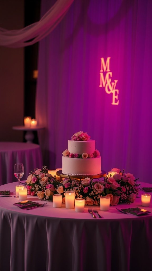 Wedding cake table with soft purple lighting, surrounded by candles and flowers.