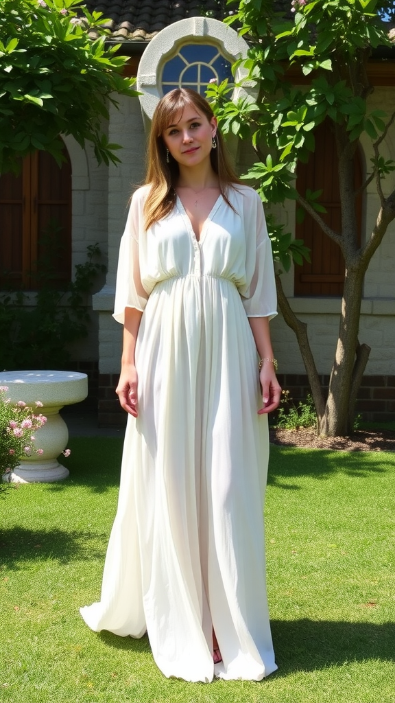 Lightweight cream maxi dress hanging from a palm tree at the beach.