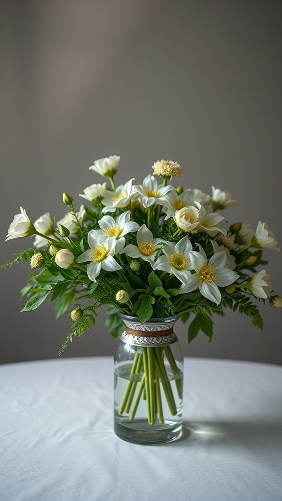 A vase filled with white flowers and greenery on a table