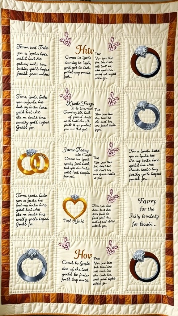 A wedding rings quilt featuring various ring designs and text about the meanings of each ring.