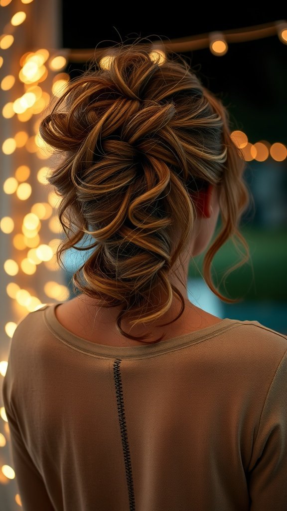 A woman showcasing a messy chic downdo hairstyle with soft curls, illuminated by warm string lights.