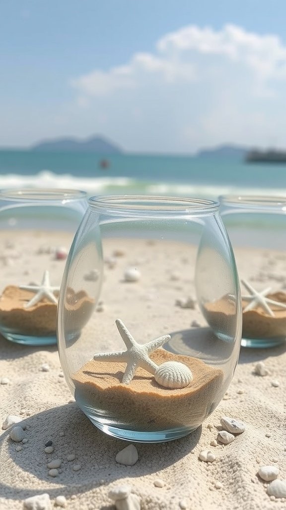 Miniature beach scene centerpiece with starfish and seashells in glass bowls on sandy beach.