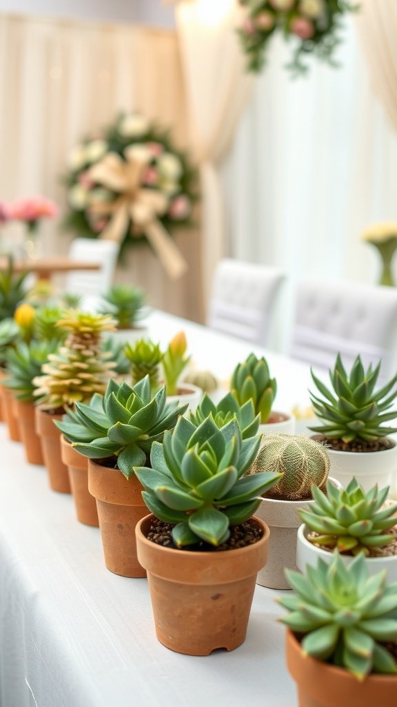 A display of miniature potted succulents arranged on a table, perfect for wedding favors.