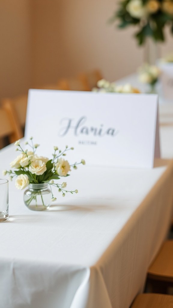 A minimalist wedding table featuring a small glass vase with white flowers and a name card.